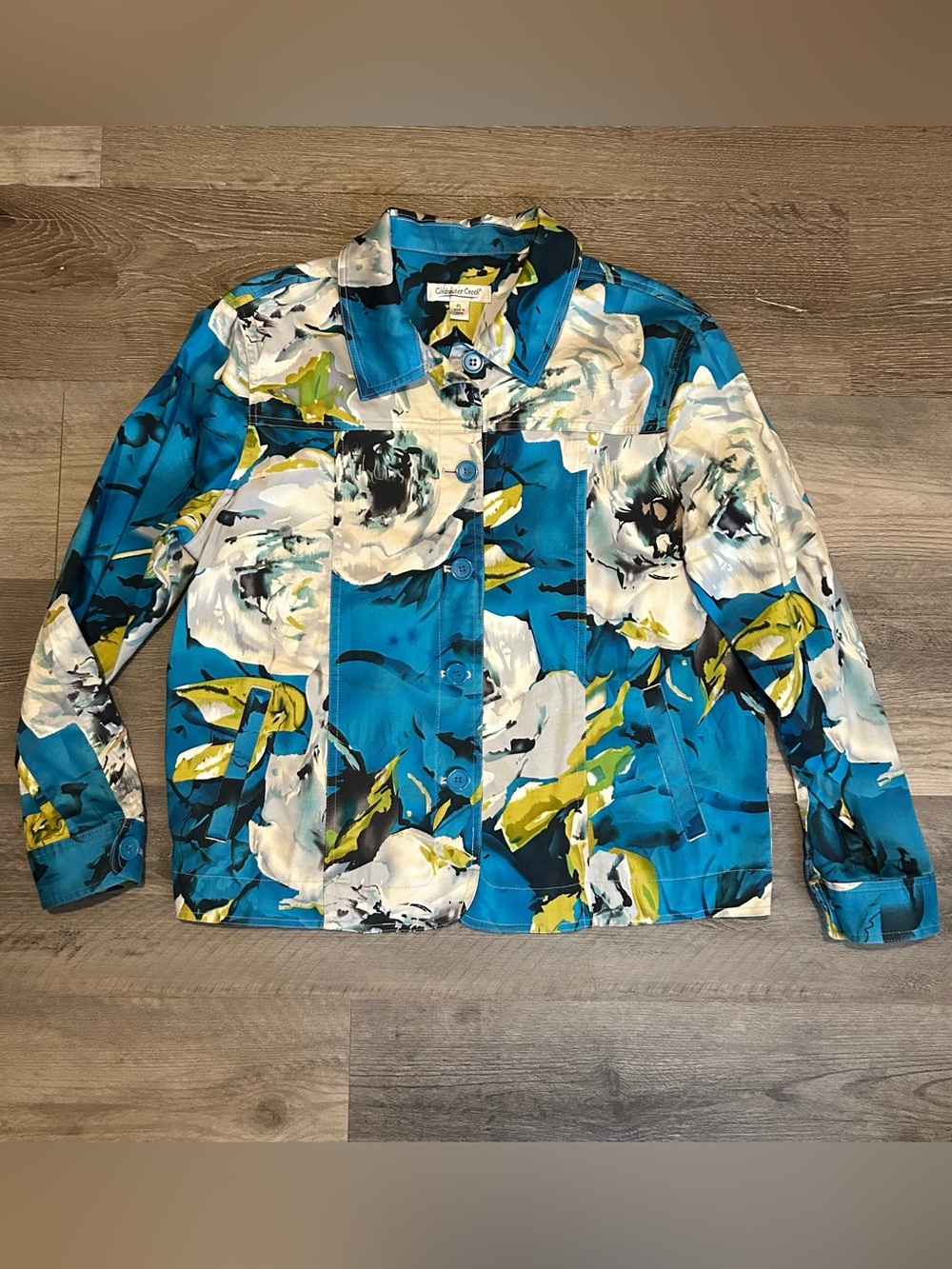 Women’s Petite Large Coldwater Creek Cotton Blend Blue Floral Button Down Jacket